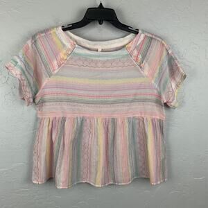 Anthropologie Blouse Womens XS Multicolor Striped Embroidered Peplum Top Boho